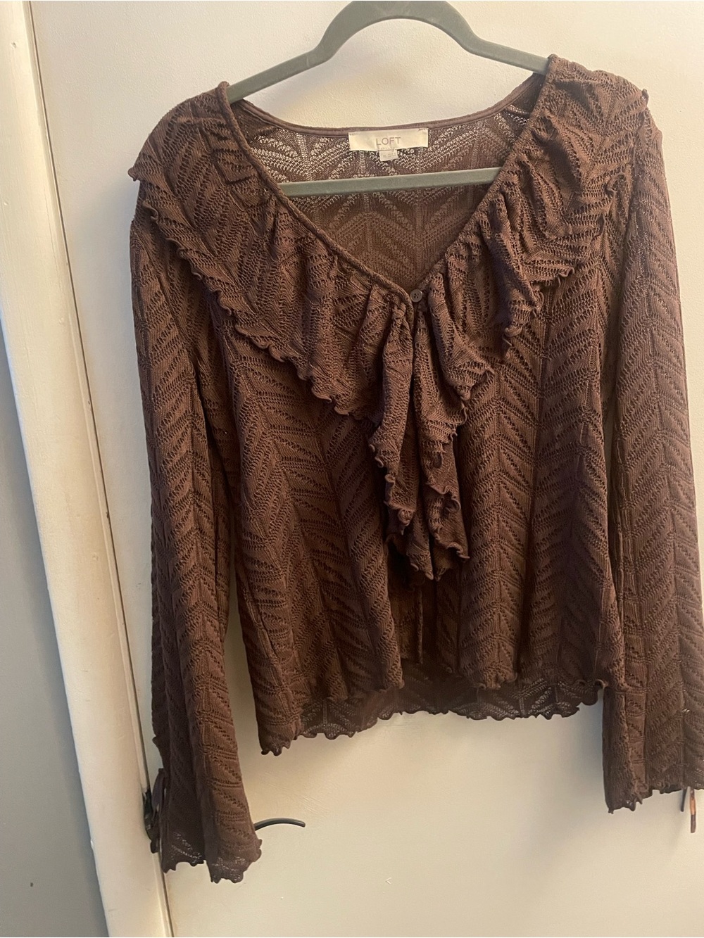 Loft Fashion Chocolate Brown Ruffle Lace Knit Blouse